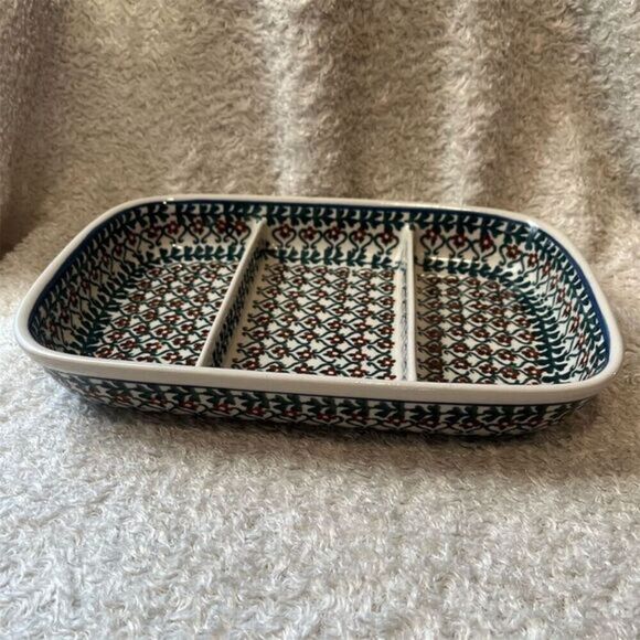 Polish Stoneware Pottery Divided Tapas Dish Multicolor Floral Hand Painted